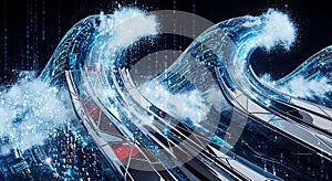 Digital Wave Surfing Binary Code Data Stream, Futuristic Technology Concept