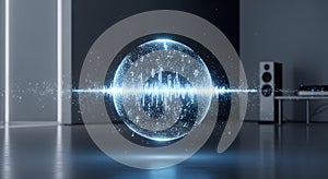 A digital waveform intersects with a glowing sphere, creating a