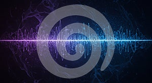 A digital waveform visualization features a central frequency line transitioning from