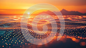 Digital waves creating global data network at sunset