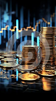 Digital wealth ascent 3D coin stack with dynamic market backdrop
