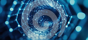 Digital web structure with glowing nodes and interconnected lines, representing technology, data flow, and network