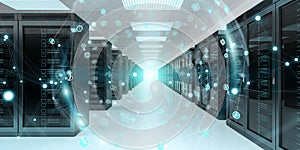 Earth network flying over server room data center 3D rendering