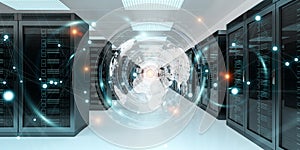 Earth network flying over server room data center 3D rendering