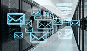 Emails exchange over server room data center 3D rendering