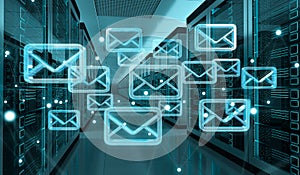 Emails exchange over server room data center 3D rendering