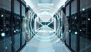 Emails exchange over server room data center 3D rendering