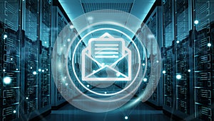 Emails exchange over server room data center 3D rendering