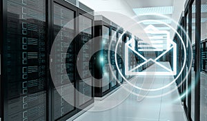 Emails exchange over server room data center 3D rendering