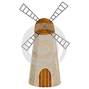 Digital windmill tower in scandinavian style. Hand drawn Netherlands landscape. Digital Illustration on isolated