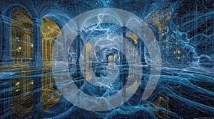 Digital wireframe architecture creating virtual reality hall network