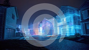 Digital wireframe grid forming smart modern houses
