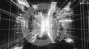 Digital wireframe grid lines forming abstract tunnel