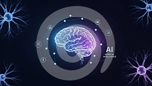Digital Wireframe Human Brain Connected to Artificial Intelligence Network