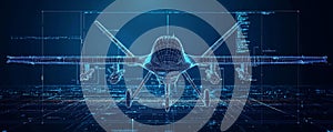 Digital wireframe illustration of an advanced drone in a futuristic setting