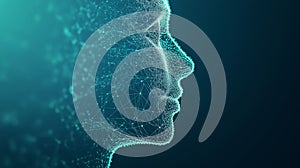 digital wireframe representation of a human face in profile, made up of interconnected points and lines, symbolizing technology,