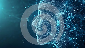 digital wireframe representation of a human face in profile, made up of interconnected points and lines, symbolizing technology,
