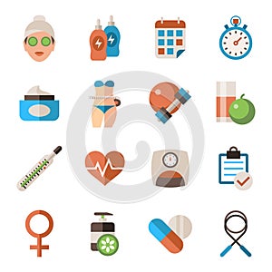 Digital woman health icons set