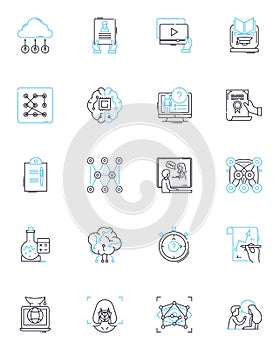 Digital work linear icons set. Remote, Freelance, Virtual, Online, Telecommute, Digitalization, Cyberculture line vector