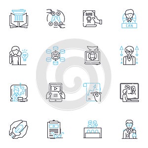 Digital work linear icons set. Remote, Freelance, Virtual, Online, Telecommute, Digitalization, Cyberculture line vector