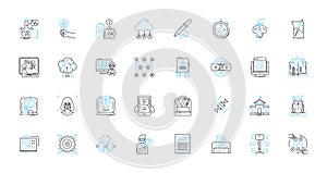 Digital work linear icons set. Remote, Freelance, Virtual, Online, Telecommute, Digitalization, Cyberculture line vector