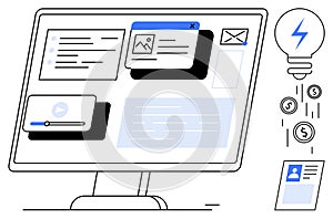 Digital Workflow Concept with Desktop Screen Displaying Multimedia and Communication Elements