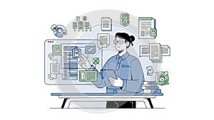 Business Analyst Demonstrating Digital Workflow and Data Visualization