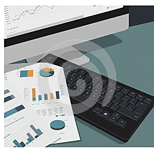 A digital workspace features a desktop computer displaying graphs and charts on a