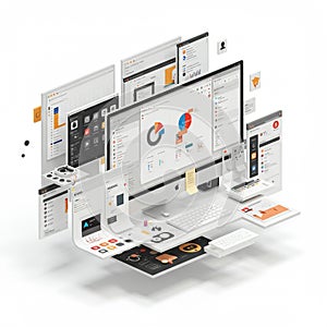 A digital workspace features a large computer monitor surrounded by multiple