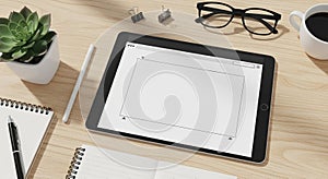 A digital workspace featuring a tablet