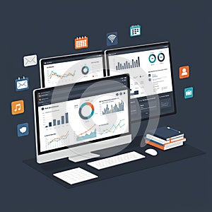 A digital workspace featuring three computer monitors displaying various data