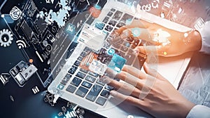 Digital workspace, hands typing, data visualization, global network background