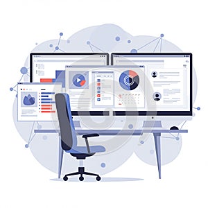 A digital workspace illustration featuring multiple screens displaying various data