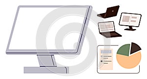 Digital Workspace with Monitors, Laptops, and Data Visualization Elements