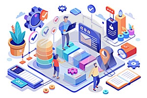 Digital workspace with professionals engaging in data management, analytics, and collaboration tools for project organization and