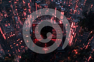 Digital Workspace: Programmer Coding in Futuristic Environment with Cyberpunk Aesthetic and Glowing Data Streams