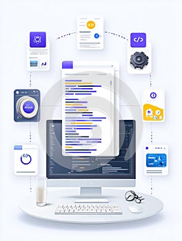 Digital Workspace Showcasing Code Development, Data Analytics, and Software Tools on a Computer Screen With Various