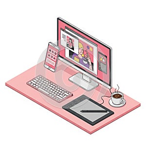 Digital workstation setup isolated on white background