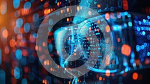 Digital World, Blurred Face with Glowing Lights and Binary Code