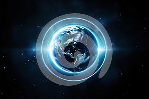 digital world, hologram and glow around the surface of planet Earth in space, futuristic computer technology, the concept of