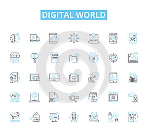 Digital world linear icons set. Internet, Technology, Social media, Cybersecurity, Online, Communication, Data line