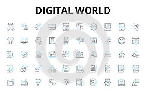 Digital world linear icons set. Internet, Technology, Social media, Cybersecurity, Online, Communication, Data vector
