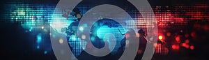 Digital World Map Binary Code, Blue and Red Bokeh, Global Network Concept