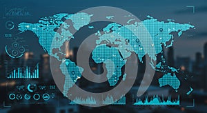 A digital world map with a blue color scheme, featuring data visualization elements