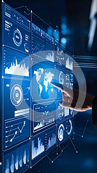 Digital world map and data analytics charts displayed on a futuristic holographic interface