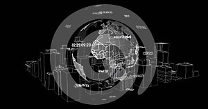 Digital world map and data codes image over wireframe cityscape