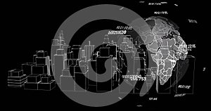 Digital world map and data codes image over wireframe cityscape