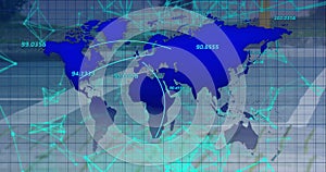 Digital world map with data points and connecting lines