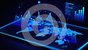 Digital world map with data visualization and analytics graphs displayed