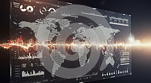A digital world map displayed on a high-tech interface features data visualizations.